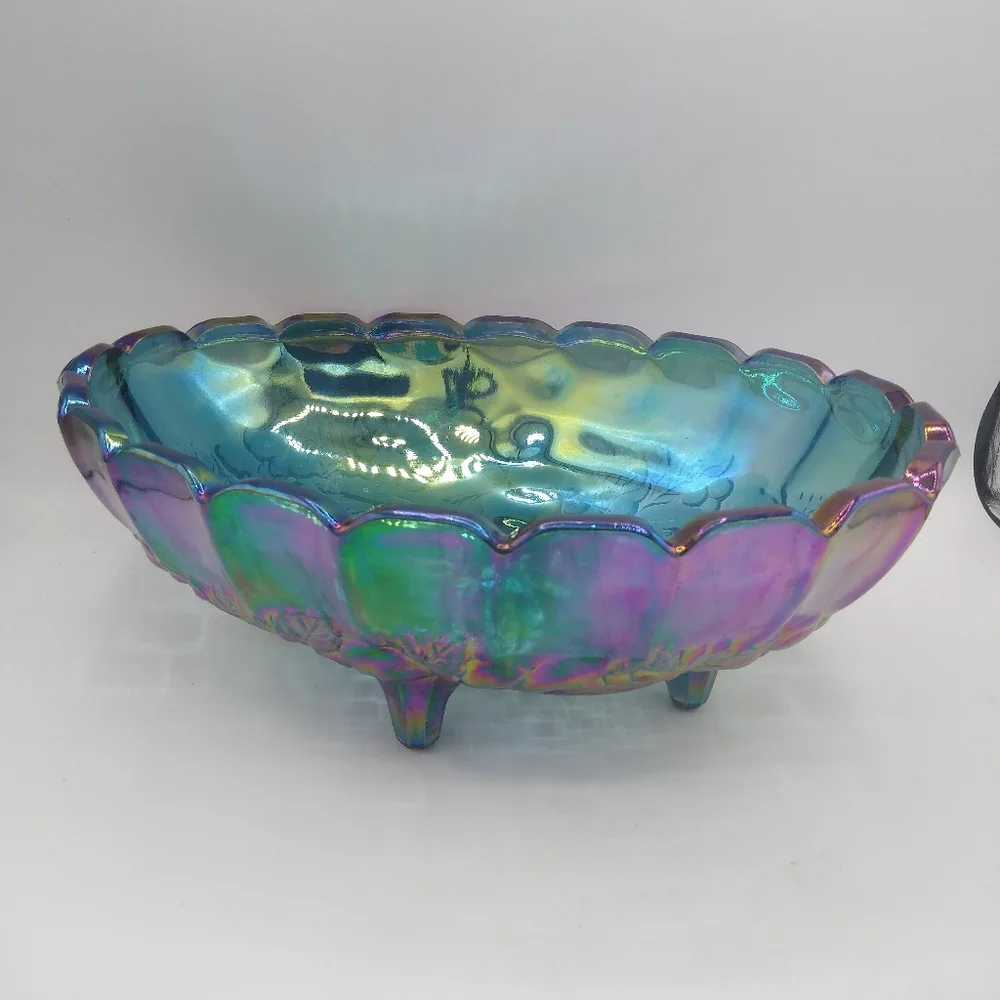 Indiana Glass Harvest Grapes Carnival Iridescent Blue Footed Large Oval Bowl - Picture 11 of 11